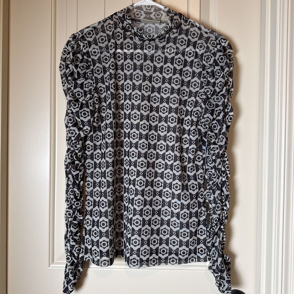 Maeve by Anthropologie Sheer Mesh Turtleneck‎ Ruched Sleeves Size L Geo Floral